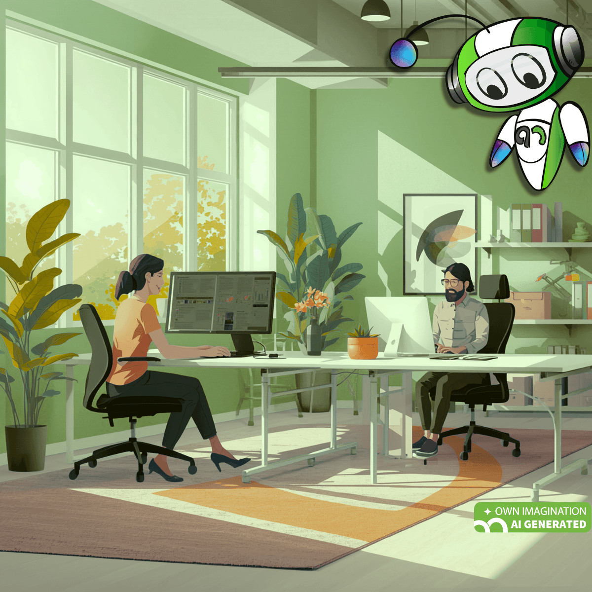 Illustration eines modernen Büros mit zwei arbeitenden Personen an Computern, Pflanzen und großen Fenstern. Oben rechts ist AiKi, die QualityMinds KI zu sehen.