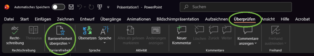 PowerPoint Menüleiste Überprüfen mit hervorgehobener Funktion “Barrierefreiheit überprüfen”
